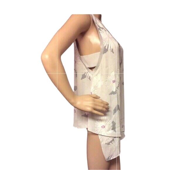 SLEEVELESS V-NECK FLORAL TOP GRAY PURPLE SILKY TOP CUT OUT SMALL TROUVE - Picture 3 of 9
